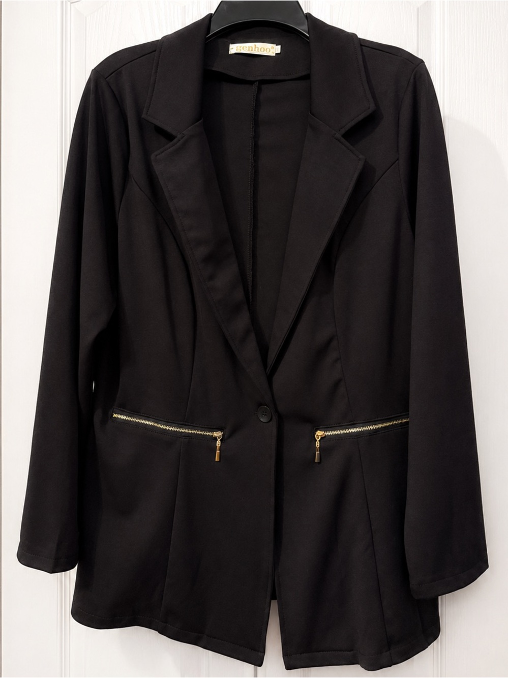 Genhoo Black Blazer XL Gold Zip Office Business Casual Jacket Like New Modern